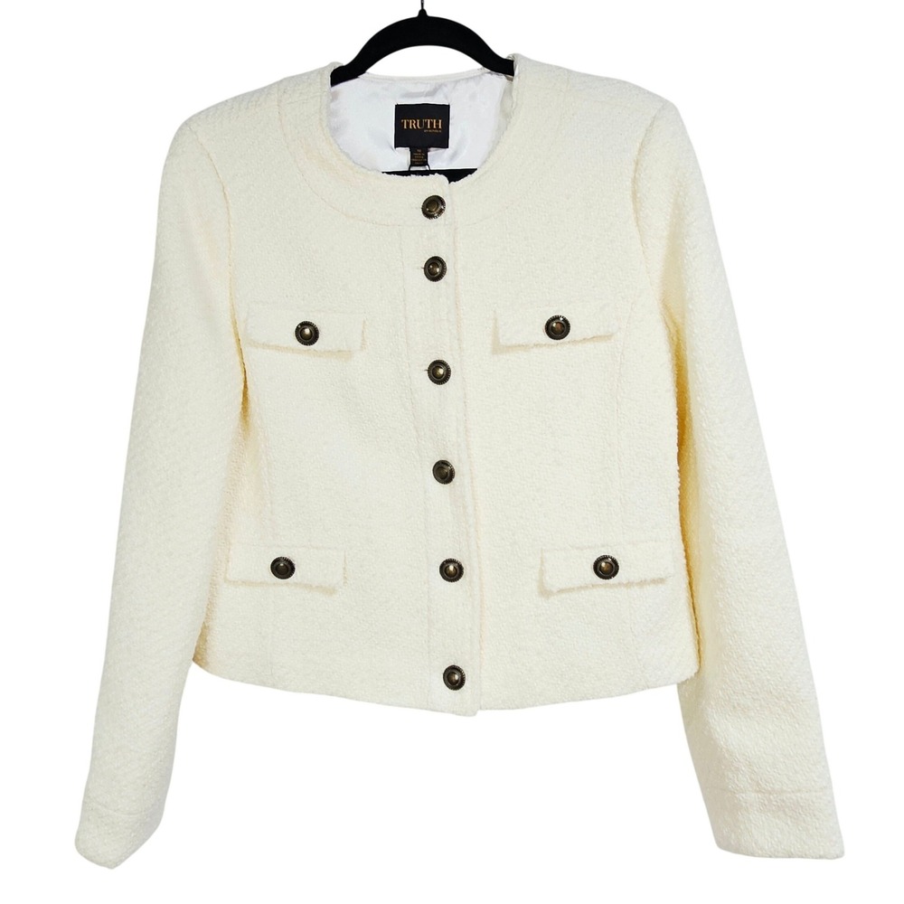 Truth by Republic Cream Tweed Wool Blend Button Cropped Jacket 10/Med Old Money